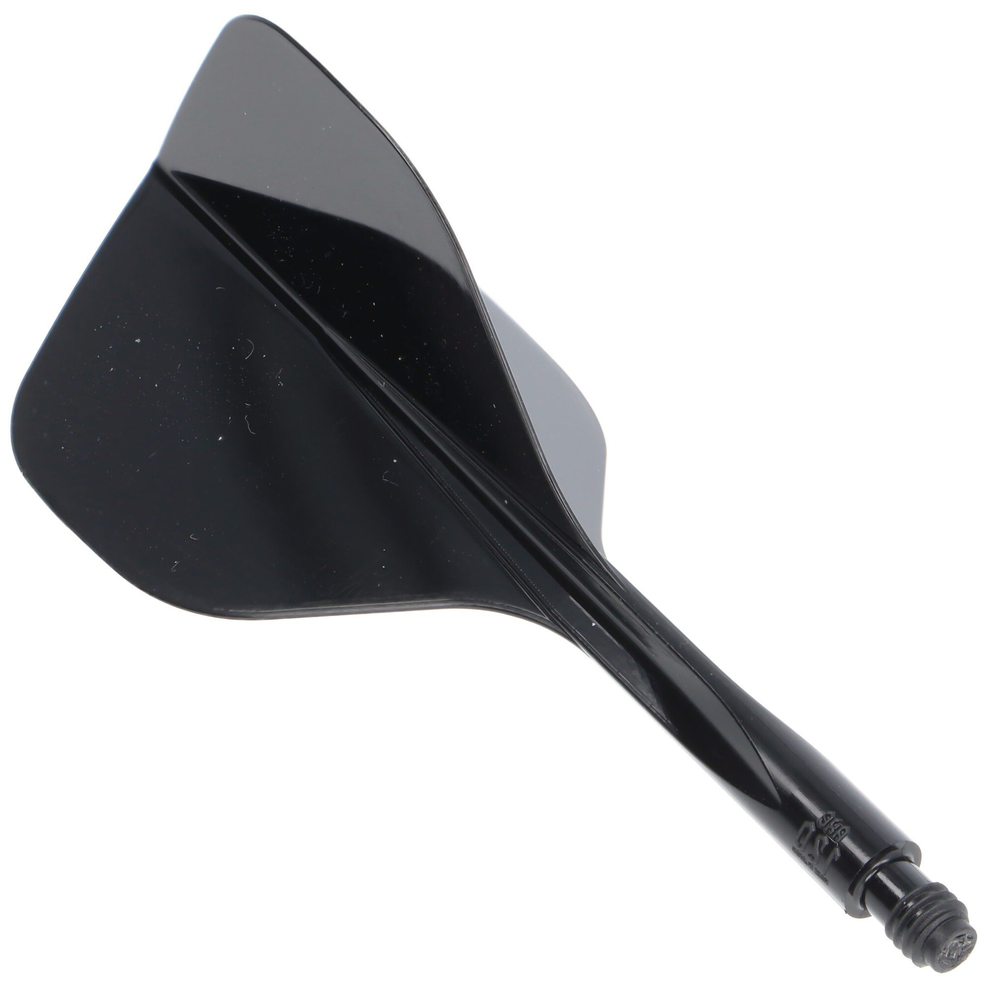 Das Bild zeigt das Produkt "Condor Axe 120 Flight-System Black - Standard". Es handelt sich um ein schwarzes Dartflight-System mit integriertem Schaft und Flügeln.